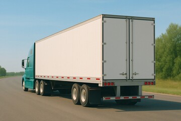 White truck trailer mockup on city street, rear view back-side green