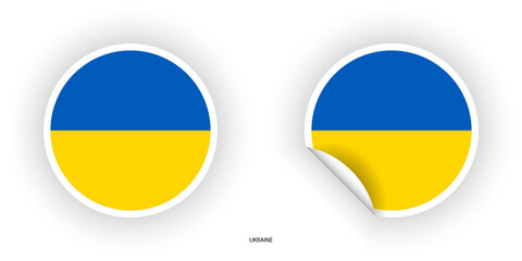 Ukraine sticker flag in circle shape and circle peeled shape on white background. Ukraine flag icon in circular form