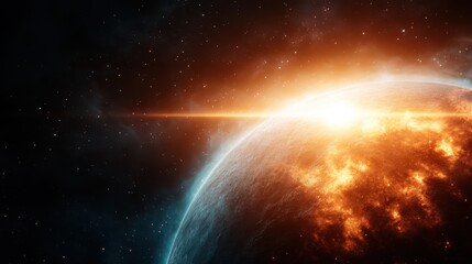 Obraz premium A breathtaking view depicts a distant planet illuminated by a fiery sunrise, showcasing the beauty of cosmic landscapes and the mysteries of the universe in an awe-inspiring scene.