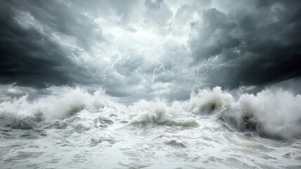 Fototapeta premium Dramatic Ocean Storm with Lightning and Crashing Waves ocean sea storm waves lightning thunderstorm