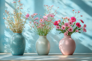 Three Ceramic Vases on Table with Pastel Blue Background
