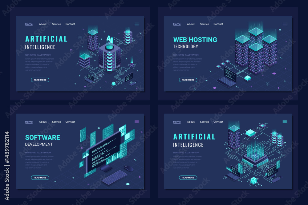 Wall mural set of isometric landing page template. modern technology concept for web hosting, software developm