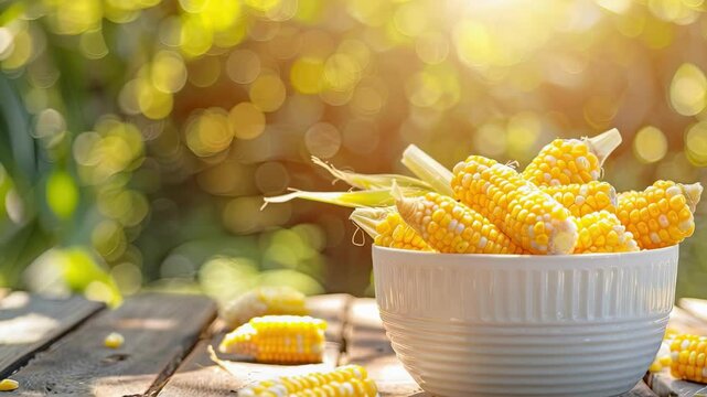 corn in a white bowl on a wooden table. Selective focus