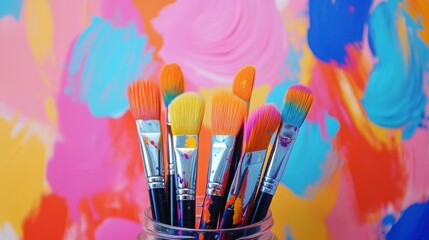 Fototapeta premium Vibrant Paint Brushes in Glass Jar Against Colorful Backdrop