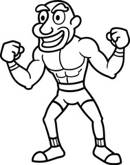 Funny Cartoon Boxer Outline Vector Illustration, Strong Muscular Fighter Character Clipart for Coloring Pages, Comic Art, Sublimation Designs, Sticker Graphics, Transparent Digital PNG Artwork