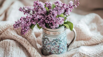 Elegant lilac flowers in a decorative mug placed on a cozy blanket in a warm indoor setting during early spring