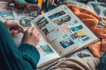 An individual putting together a beautiful scrapbook filled with photos and stickers in a cozy and inspiring craft area