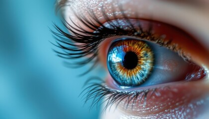 Fototapeta premium close up shot of an eye's intricate iris details, long lashes against a soft blue abstract backdrop