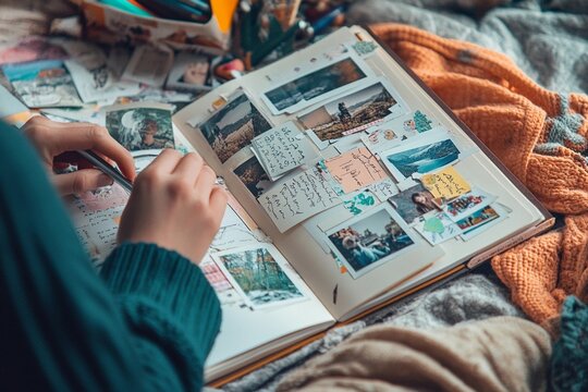 An individual putting together a beautiful scrapbook filled with photos and stickers in a cozy and inspiring craft area