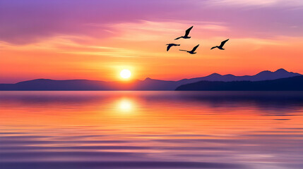 Fototapeta premium Majestic Sunset over Calm Lake and Mountains