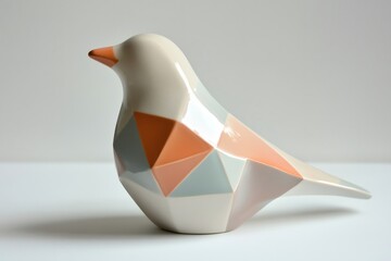 Ceramic bird sculpture featuring geometric shapes, embodying modern art and design with a vibrant blend of colors for contemporary decor