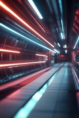 Fototapeta premium Futuristic Neon Tunnel with Red and Blue Lights in Sci-Fi Setting.