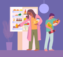 Cartoon Color Characters People at Refrigerator and Night Snack Concept Flat Design Style. Vector illustration of Late Night Snacking