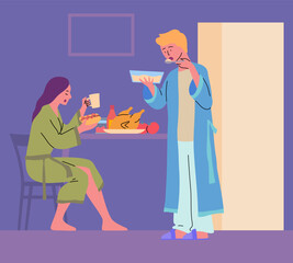 Cartoon Color Characters People at Table and Night Snack Concept Flat Design Style. Vector illustration of Late Night Snacking