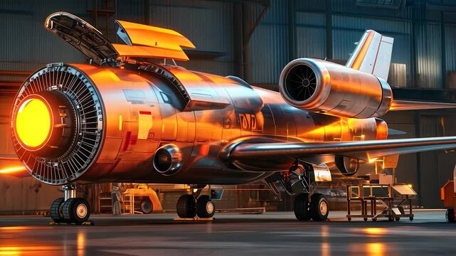 Futuristic airplane in hangar