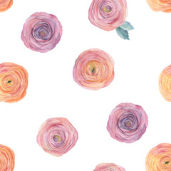 Watercolor seamless pattern with roses. Floral print. Hand drawn illustration on white background
