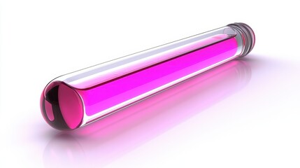 Test tube filled with vibrant pink liquid resting on a reflective surface in a laboratory setting