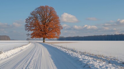 Obraz premium Solitary Autumn Tree in a Snowy Winter Landscape