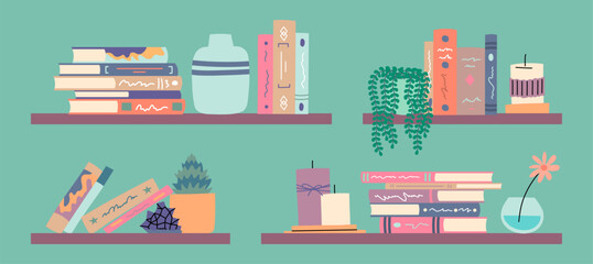 Cartoon Color Bookshelves Decorations Concept Textbooks, Vase and Plants on Bookshelf Literature Reading Concept Flat Design Style. Vector illustration
