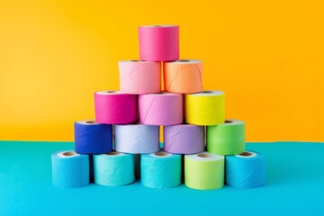 Colorful toilet paper rolls arranged in a pyramid shape creating a visually appealing display on a vibrant two toned backdrop