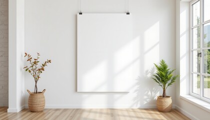 blank white poster hanging in a minimalist interior, a clean 3d rendering ready for showcasing artwork or promotional designs.