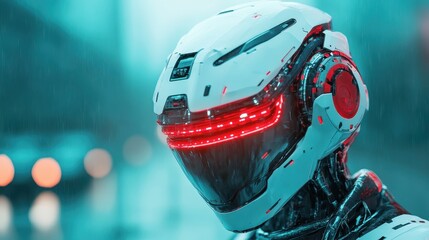 A sleek cybernetic robot stands in a rainy urban setting, showcasing the juxtaposition of technology and nature amidst a moody atmospheric environment filled with reflections.