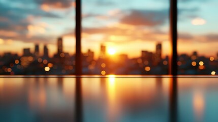 A serene sunset view from a high-rise city window, showcasing warm tones that create a tranquil yet vibrant atmosphere, blending nature with urban living beautifully.