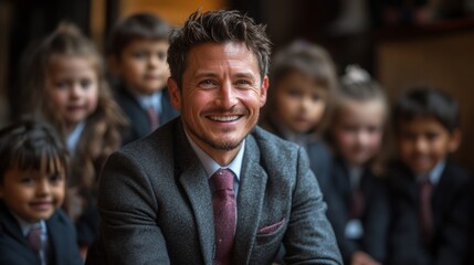Obraz premium A friendly man smiles broadly while sitting in front of a group of children dressed in formal attire, capturing a joyful moment during a school gathering in a cozy environment.