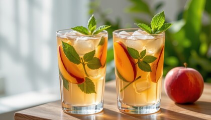 two refreshing summer drinks garnished with mint and slices of juicy peach, floating in clear glasses under sunlight.