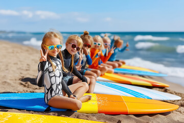 Group of children sitting on surfboards on sand, laughing and posing for camera, bright summer vibe, ocean background