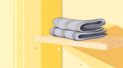 Illustration of a folded towel on a shelf, with a soft yellow background, minimalist style.

