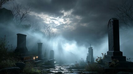 Foggy Cemetery at Dusk
