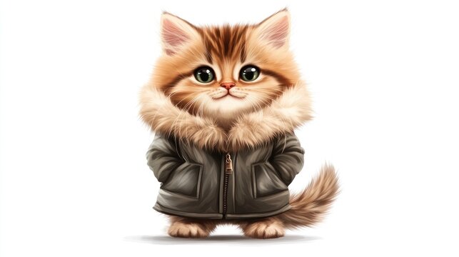 Cute cartoon cat wearing a winter jacket