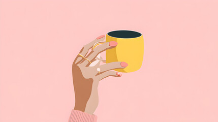 Illustration of a hand holding a cup, with a pastel pink background, minimalist style.

