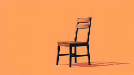 Illustration of a wooden chair with a simple design, against a warm orange background, minimalist style.

