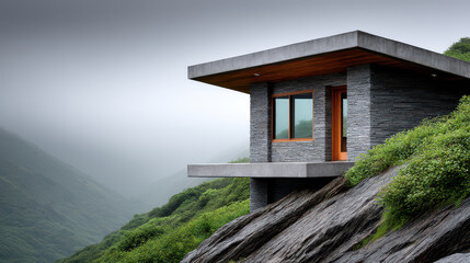 Solitary dwelling on a cliffside showcases wind-responsive design that harmonizes with nature's elements