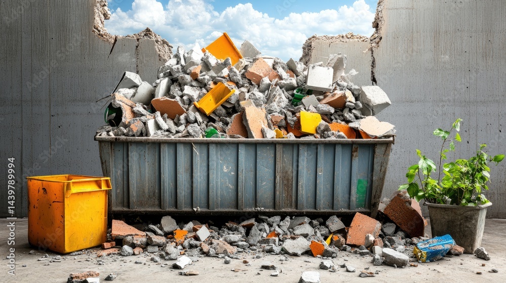 Poster pile of broken pavement and construction debris in open metal waste container