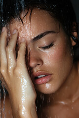 Naklejka premium Beautiful woman washing face with water in shower