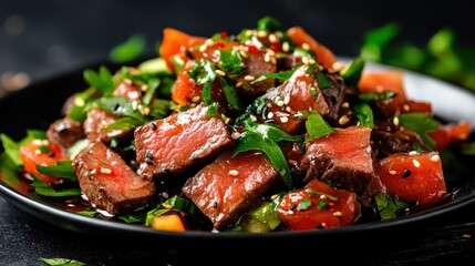 An appetizing dish of saut&eacute;ed beef with fresh vegetables, garnished with sesame seeds, delivering a vibrant and colorful presentation that highlights culinary delight and freshness.