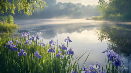 Naklejka premium Serene Morning Mist: Purple Irises by the Lake