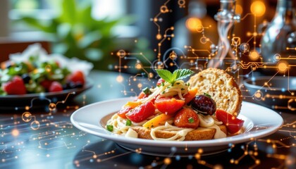 abstract wireframe food photography background enhanced with plexus digital effect