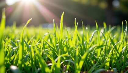 close up shot of vibrant green grass blades glistening under bright sunlight, celebrating natural growth, freshness