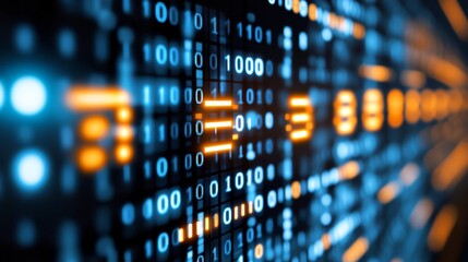 Flowing Stream of Blue and Orange Binary Code Data on a Black Background, Digital Technology Concept