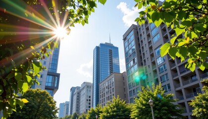 Obraz premium sunlight filtering through lush green leaves and city buildings