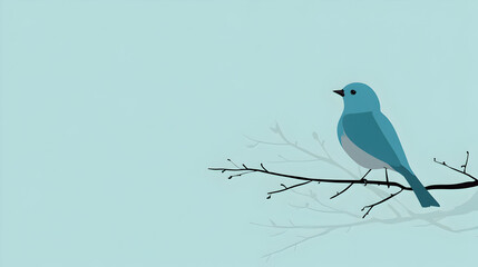 Illustration of a single bird perched on a branch, with a pale sky blue background, minimalist style.


