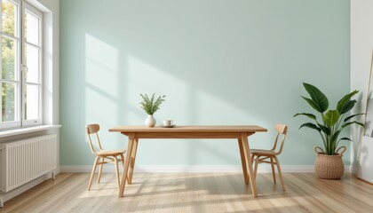 scandinavian style interior featuring simple wood table, mint colored walls