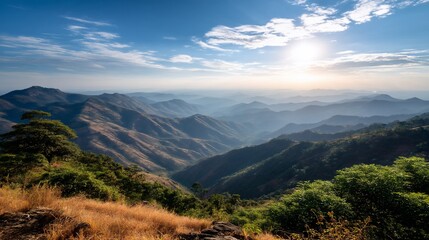 Obraz premium Panoramic mountain vista at sunrise, lush valley, tranquil landscape, perfect for nature photography