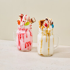Vibrant Monster Milkshakes with Sweet Toppings on Light Background - Colorful Food Photography