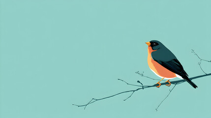 Illustration of a single bird perched on a branch, with a pale sky blue background, minimalist style.

