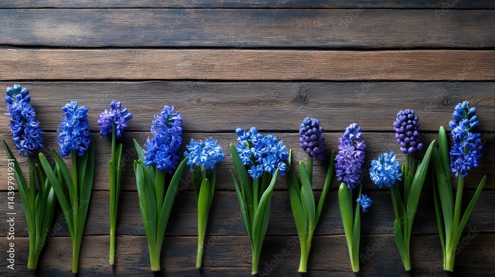 Poster rustic wooden background with vibrant blue hyacinths placed in orderly top-view pattern